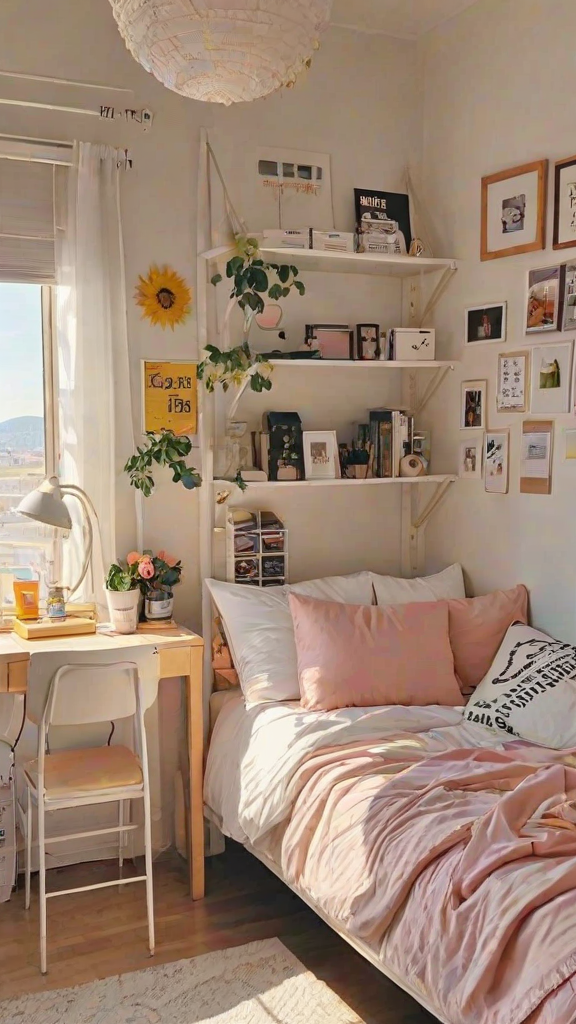 A dorm room with a bed, desk, and shelves. The bed is neatly made with a pink comforter and pillows. The room is decorated with various items such as a sunflower, potted plants, and books.