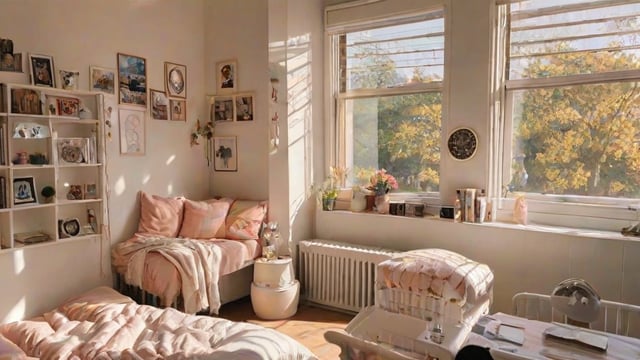 A cozy dorm room with a white theme and a large window. The room features two beds, a radiator, a small table, and a clock. There are also potted plants and vases adding to the room's decor. The room is well-lit by the sunlight coming through the window, creating a warm and inviting atmosphere.