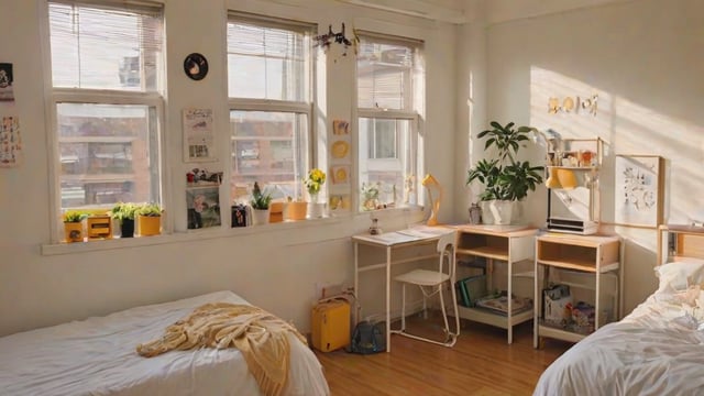 A brightly lit dorm room with a bed, desk, and chair. The room is decorated with potted plants and vases.