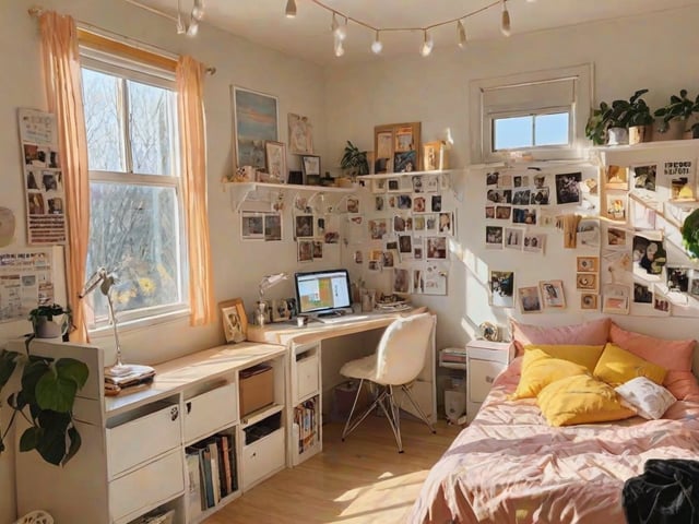 A dorm room with a bed, desk, and shelves. The room is decorated with many pictures and has a laptop on the desk. The bed is pink and has yellow pillows. The room is bright and sunny, with a window letting in natural light.