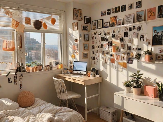 A small dorm room with a bed, desk, and a laptop on it. The room is decorated with many pictures and has a window with a view of the city. The desk has a laptop and a mouse on it, and there are several potted plants in the room.