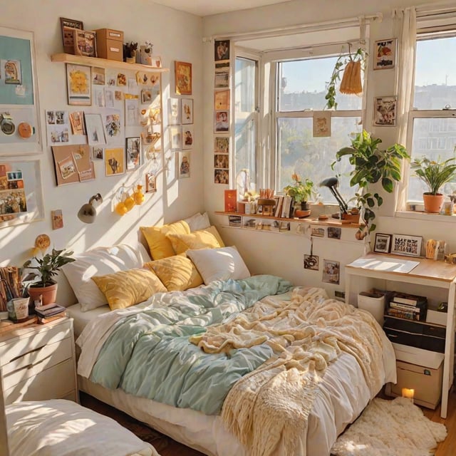 A cozy dorm room with a bed, a desk, and a window. The bed is covered in a white comforter and has yellow pillows. The room is decorated with various items such as potted plants, books, and pictures. The desk has a lamp and a vase on it. The window allows natural light to fill the room, creating a bright and inviting atmosphere.