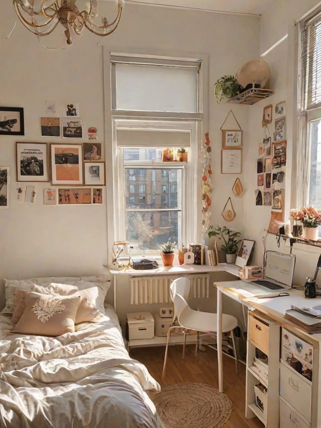 A bedroom with a bed, desk, and various decorations. The room is bright and sunny, with a window letting in natural light. The bed is neatly made, and there are several potted plants and vases throughout the room, adding a touch of greenery and decoration. A laptop is placed on the desk, indicating that the room is used for studying and work.