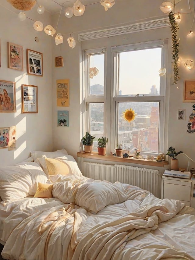 A cozy dorm room with a bed, window, and various decorations. The bed is covered in white sheets and has a yellow pillow. There are several potted plants and vases throughout the room, adding a touch of greenery and elegance. A sunflower is also visible, brightening up the space. The room is well-lit by the sunlight coming through the window, creating a warm and inviting atmosphere.