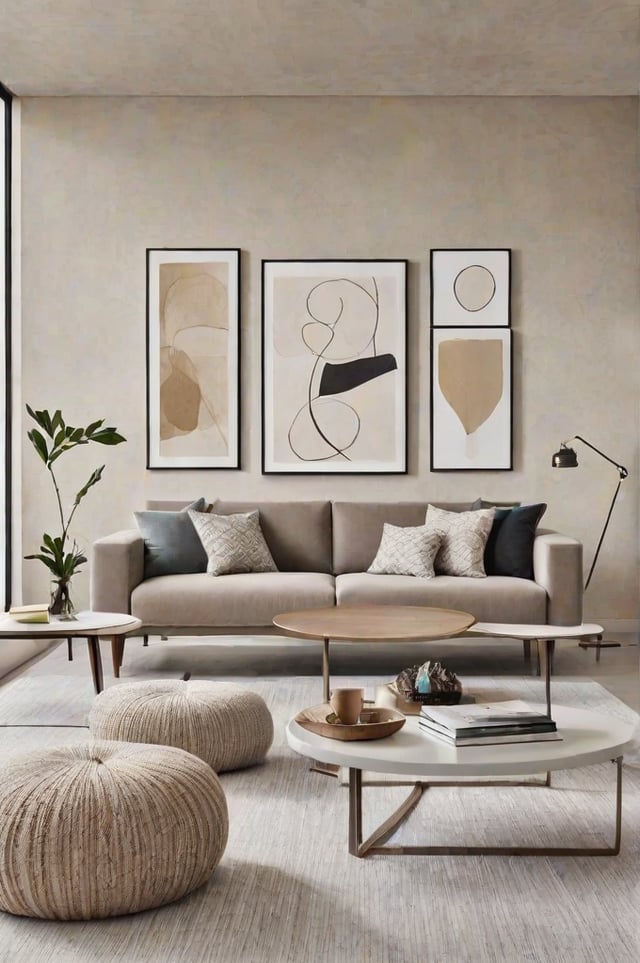 A contemporary living room with a grey couch, a coffee table, and three pictures on the wall. The room is decorated with a potted plant and a vase.