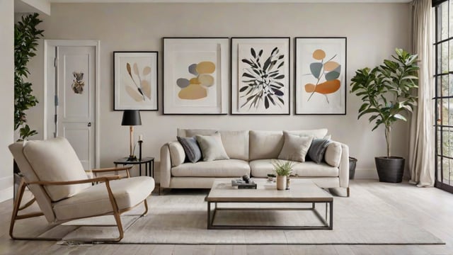 A living room with a white couch, three pictures on the wall, a coffee table with a plant, potted plants, and a vase.