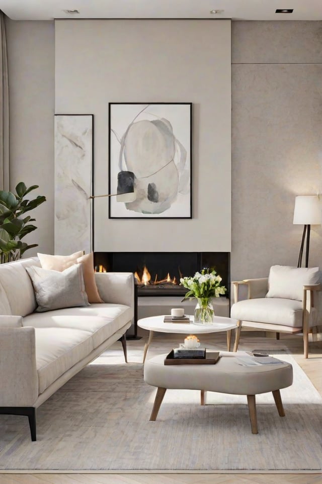 A contemporary living room with a fireplace, white furniture, and a painting on the wall. The room is well decorated with a potted plant, vase of flowers, and a cozy atmosphere.