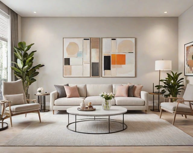 A living room with a large white couch, a round coffee table, and a large painting on the wall. The room is decorated with potted plants and vases.