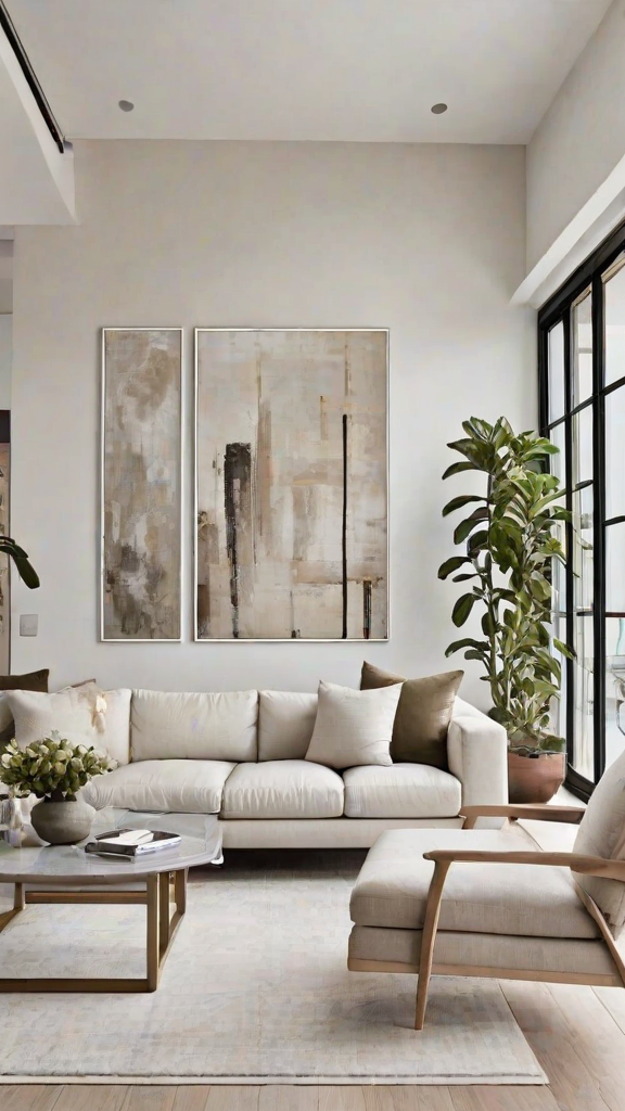 A contemporary living room with a white couch, two paintings, and two potted plants.