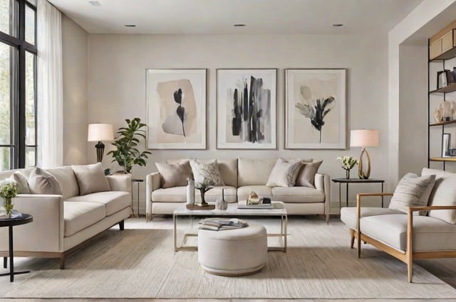 A white couch with a round ottoman and three pictures on the wall in a contemporary living room.