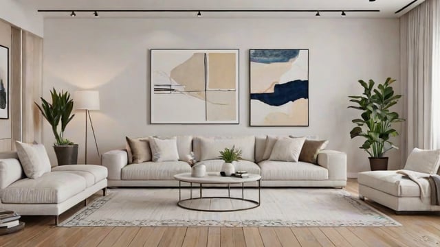 Contemporary living room with a white couch, paintings, and a potted plant on a coffee table.