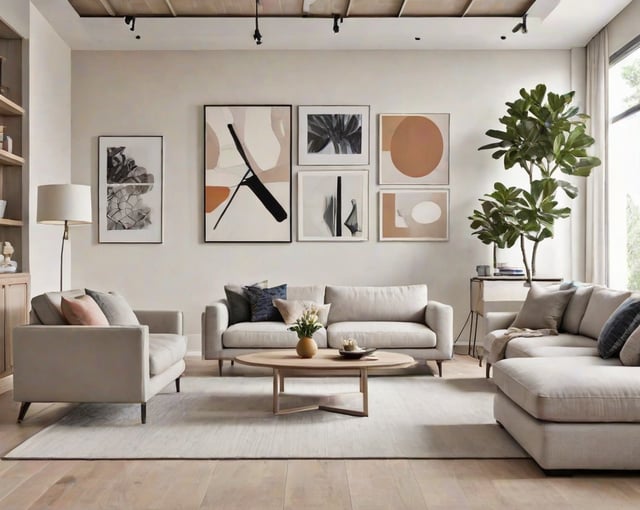 Contemporary living room with a large white couch, wooden coffee table, and artwork on the wall.