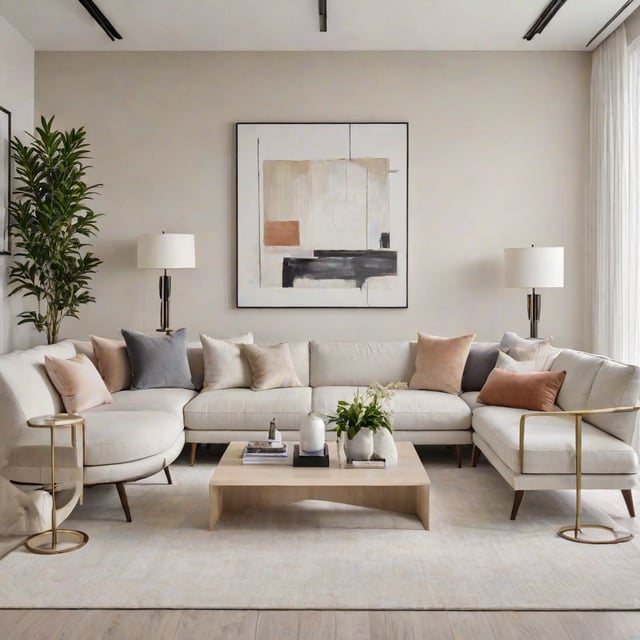 A contemporary living room with a large painting on the wall and a coffee table with plants and vases.