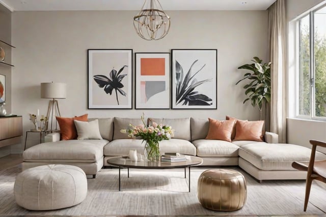 A contemporary living room with a couch, two chairs, and a coffee table. The room is decorated with three pictures and a potted plant.