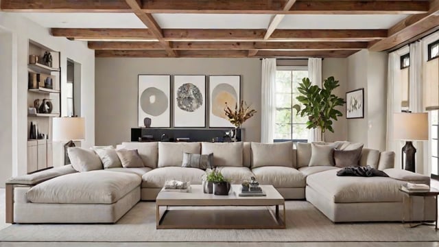 A contemporary living room with a large white couch, a coffee table, and a window. The room is decorated with two paintings, a potted plant, and a vase with flowers.