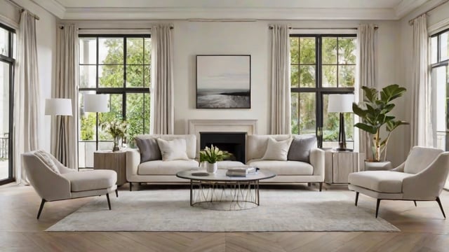 A contemporary living room with a fireplace and large windows.