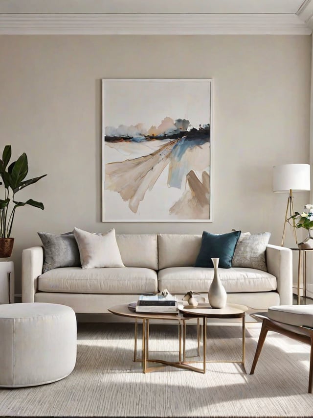 A contemporary living room with a large white couch, a painting on the wall, and various decorative items.