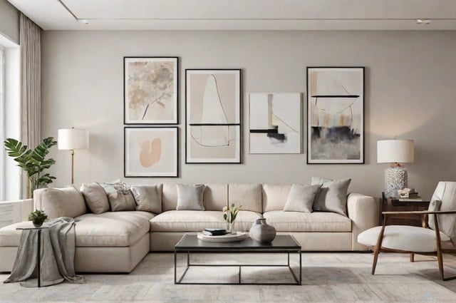 A contemporary living room with a large white couch, a coffee table, and a collection of artwork on the wall.