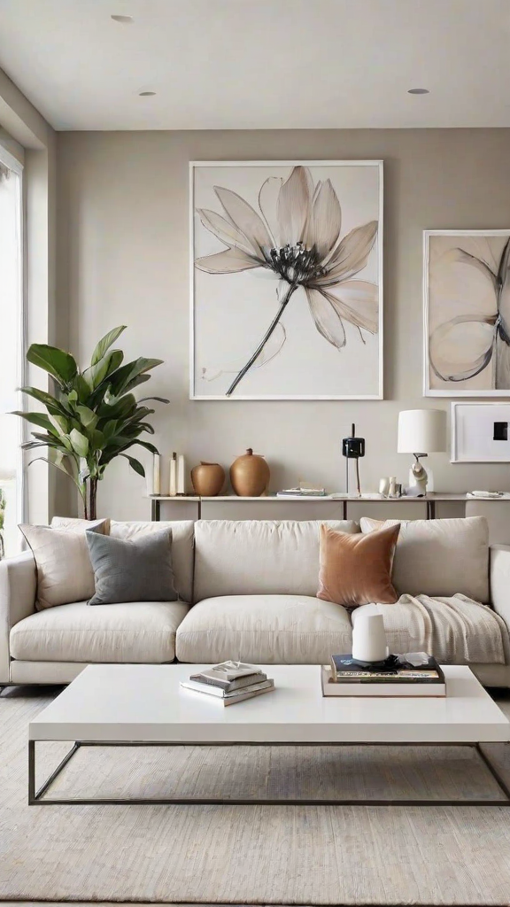 A contemporary living room with a white couch, a coffee table, and artwork on the wall. The room is decorated with a potted plant, a vase, and a lamp. The couch is adorned with pillows, and there are books on the coffee table.