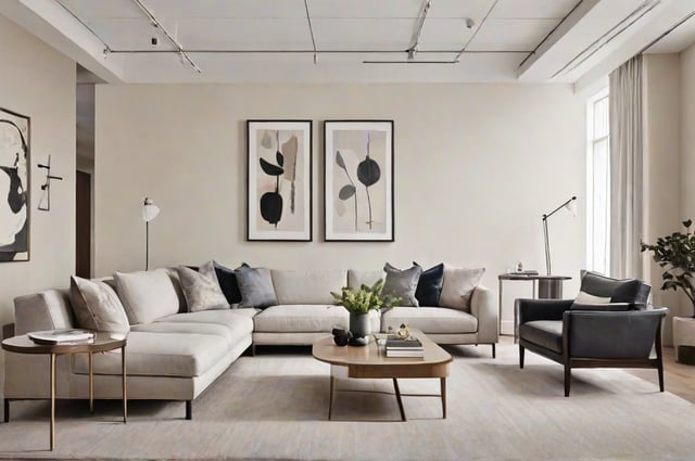 A living room with two couches, a coffee table, and artwork on the wall. The room is decorated in neutral colors and features a rug on the floor.