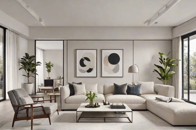 A white couch sits in a contemporary living room with two paintings on the wall and potted plants and vases decorating the space.