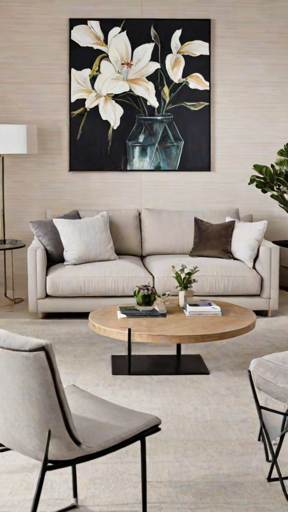 A contemporary living room with a white couch, a coffee table and a painting on the wall. The couch is covered with grey pillows and there are several books on the table. A vase with flowers is placed on the table, adding a touch of elegance to the room.