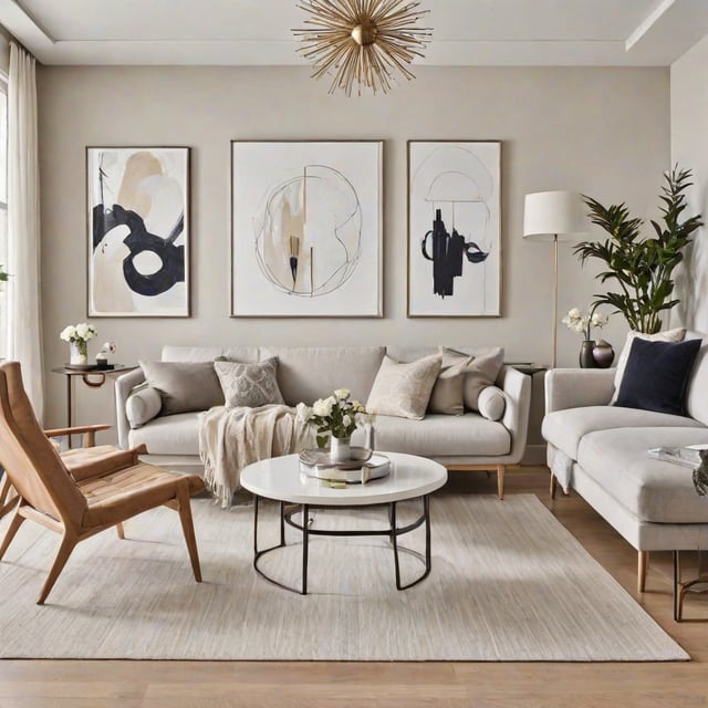 A living room with a white couch, a coffee table, and a rug. The room is decorated with three pictures and several potted plants.