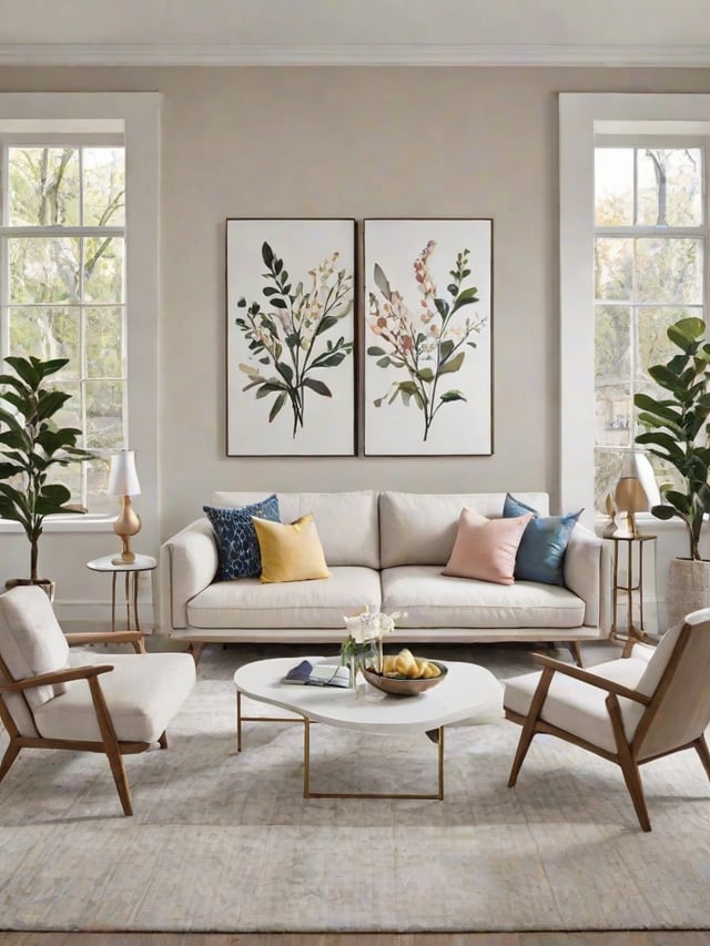 Contemporary living room with couch, chairs, and paintings of flowers