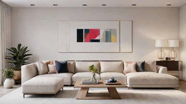 A contemporary living room with a large couch, a coffee table, and a painting on the wall.