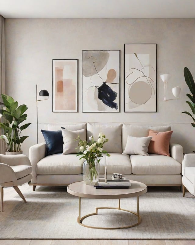 A white couch with pillows and a vase of flowers on a table in a contemporary living room.