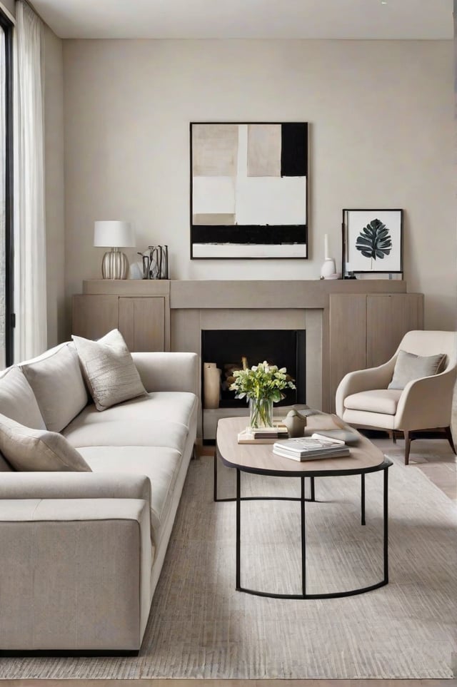 A contemporary living room with a fireplace, a white couch, and a coffee table. The room is decorated with a painting, a vase of flowers, and a potted plant.