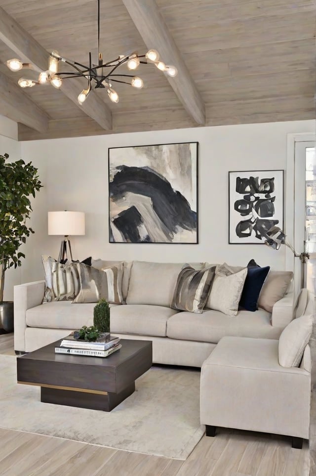 A contemporary living room with a couch, coffee table, and two paintings on the wall. The room is decorated with a potted plant and a vase of flowers, creating a cozy and inviting atmosphere.