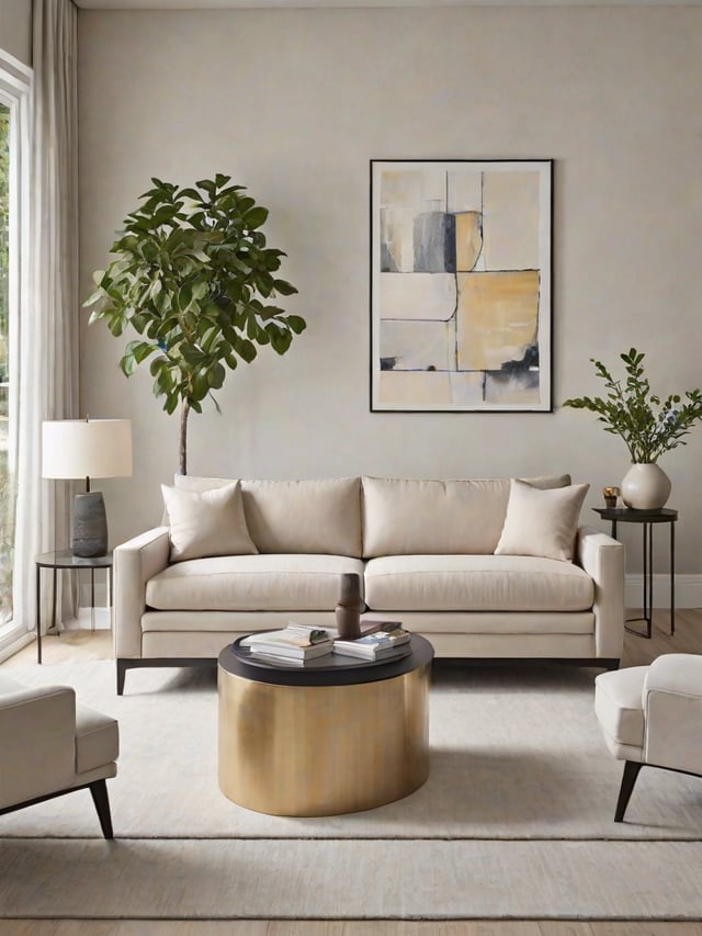 A living room with a large white couch, a round coffee table, and a painting on the wall. The room is decorated with several potted plants and books.