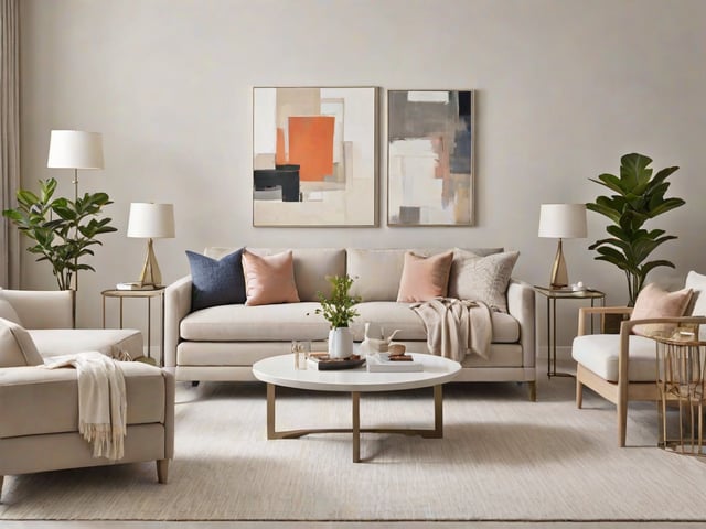 A contemporary living room with a white couch, a coffee table, and two paintings on the wall. The room is decorated with pink and white pillows, a vase of flowers, and two potted plants.