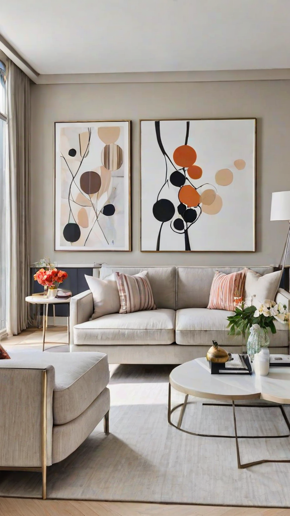 Contemporary living room with a couch, paintings, and flowers