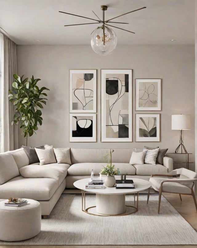 A modern living room with a large white couch, a round coffee table, and three pictures on the wall. The room is decorated with contemporary art and features a large window that lets in plenty of natural light.