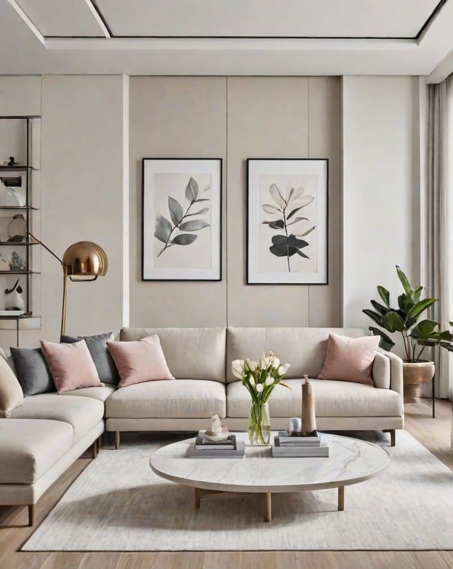 A contemporary living room with a couch, pictures, and flowers.