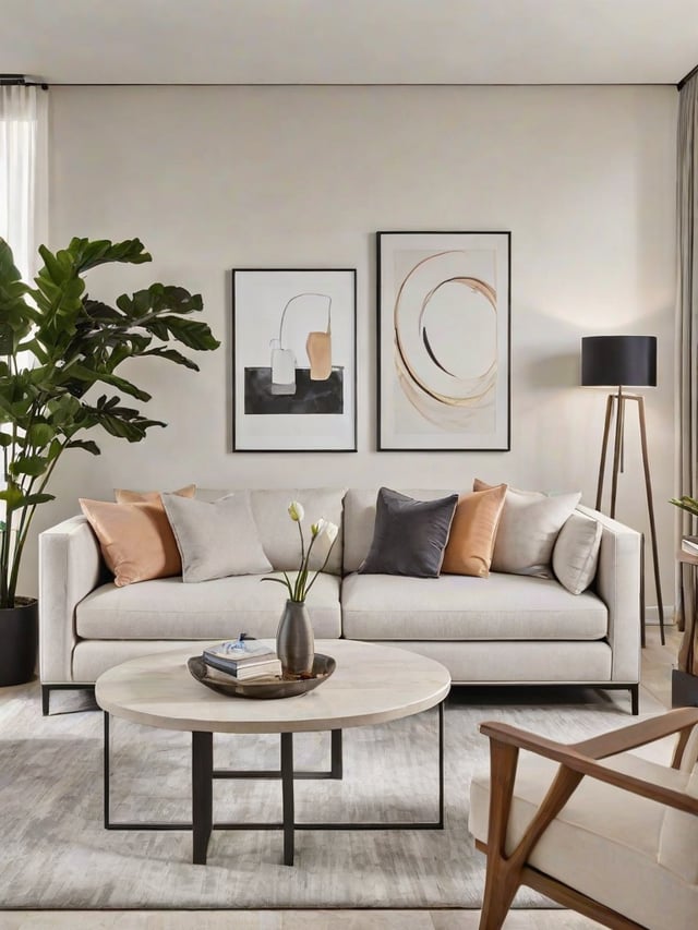 A living room with a white couch, a coffee table, and two pictures on the wall. The room is decorated with a potted plant and a vase of flowers.