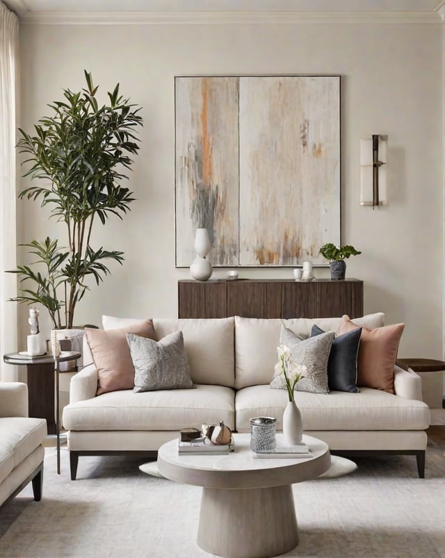 A contemporary living room with a white couch, a coffee table, and a large painting on the wall. The room is decorated with potted plants and vases, creating a cozy and inviting atmosphere.