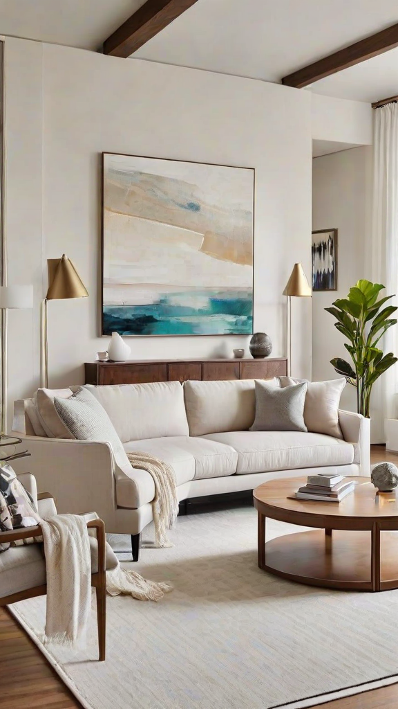 A living room with a white couch, a large painting on the wall, a coffee table, and a potted plant.