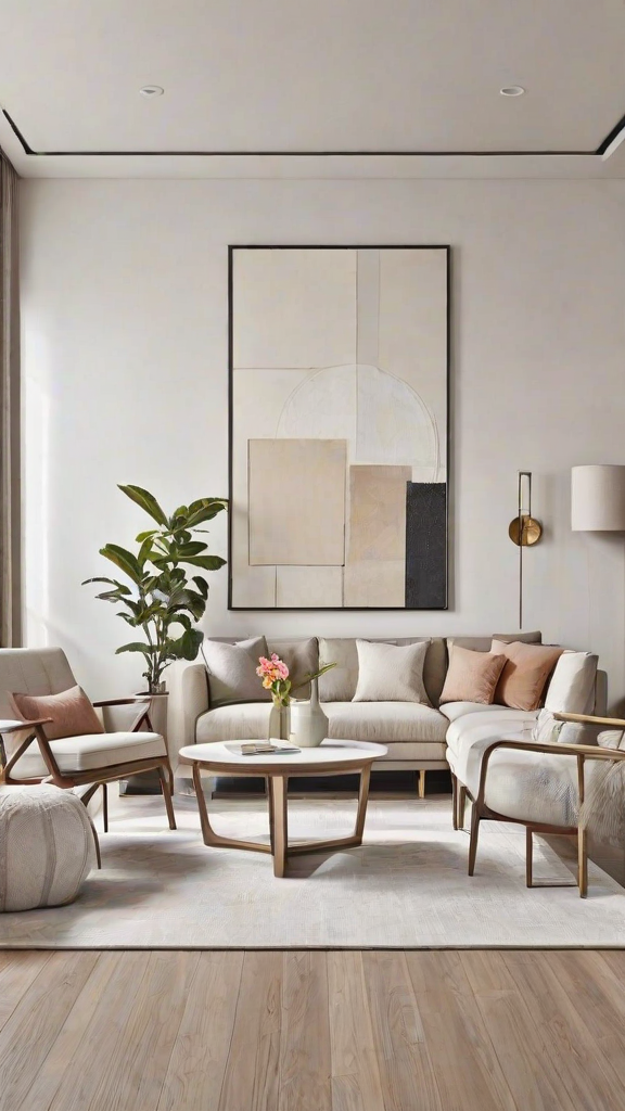 A contemporary living room with a white couch, a table, and a large painting on the wall. The room is decorated with a potted plant and a vase of flowers, creating a cozy and inviting atmosphere.