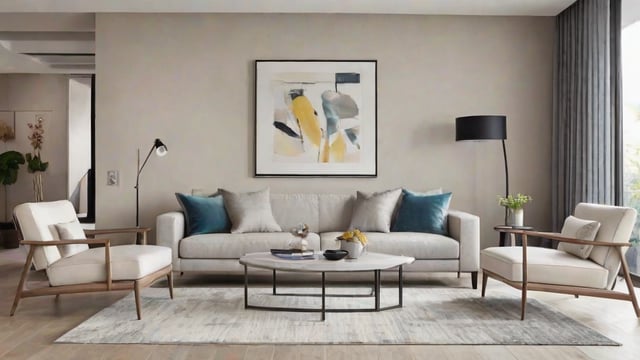 A contemporary living room with a couch, coffee table, and a painting on the wall. The couch is white and has blue pillows. The coffee table is in the center of the room and has a vase on it. The painting is a large abstract piece that adds a modern touch to the space.