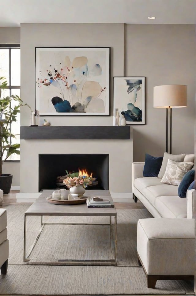 A contemporary living room with a fireplace, artwork, and a cozy couch.