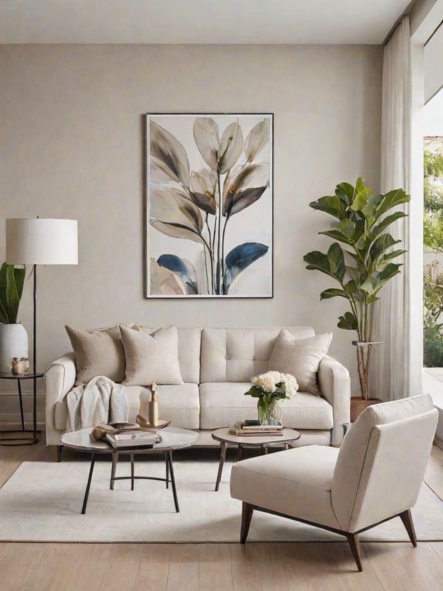 A contemporary living room with a white couch, a coffee table, a chair, a potted plant, and a painting of flowers on the wall.