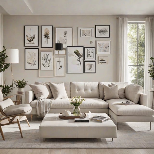 Contemporary living room with a white couch and chair, artwork on the wall, and a large window.