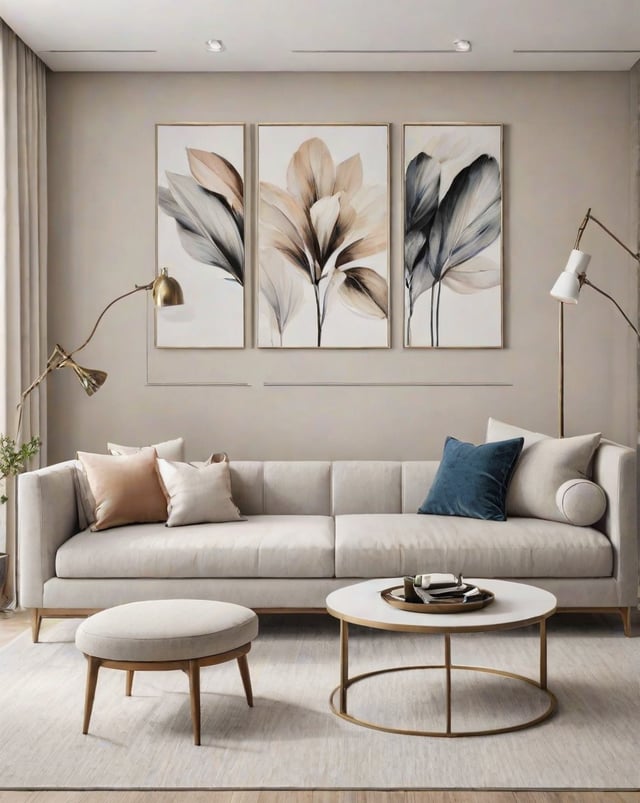 A contemporary living room with a white couch, round table, and pictures of flowers on the wall.