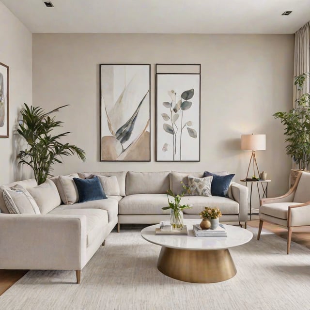 A contemporary living room with a large sofa, coffee table, and artwork on the wall.