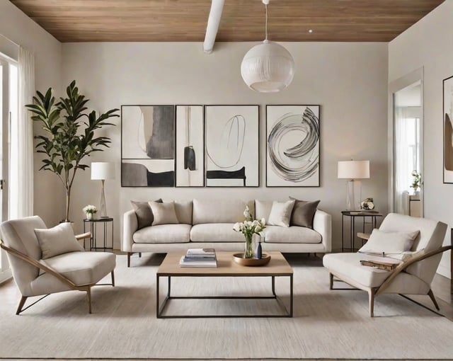 A contemporary living room with a white couch, coffee table, and chairs. The room is decorated with artwork and has a large window.