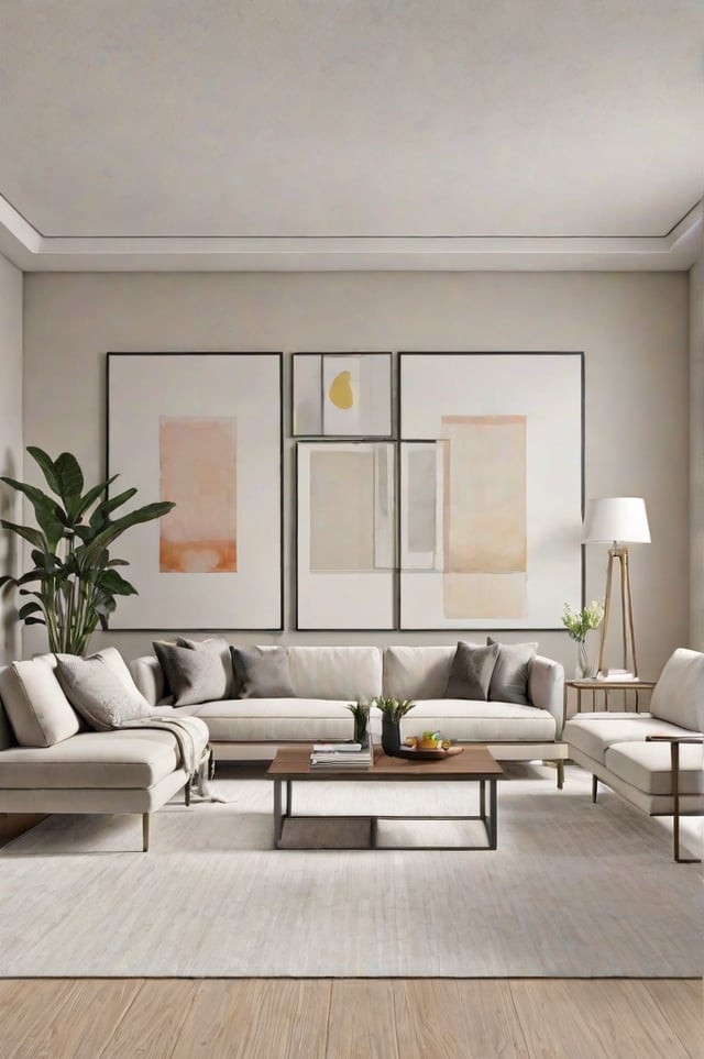 A contemporary living room with a white couch, a coffee table, and a large painting on the wall. The room is well decorated with a potted plant and a vase of flowers.