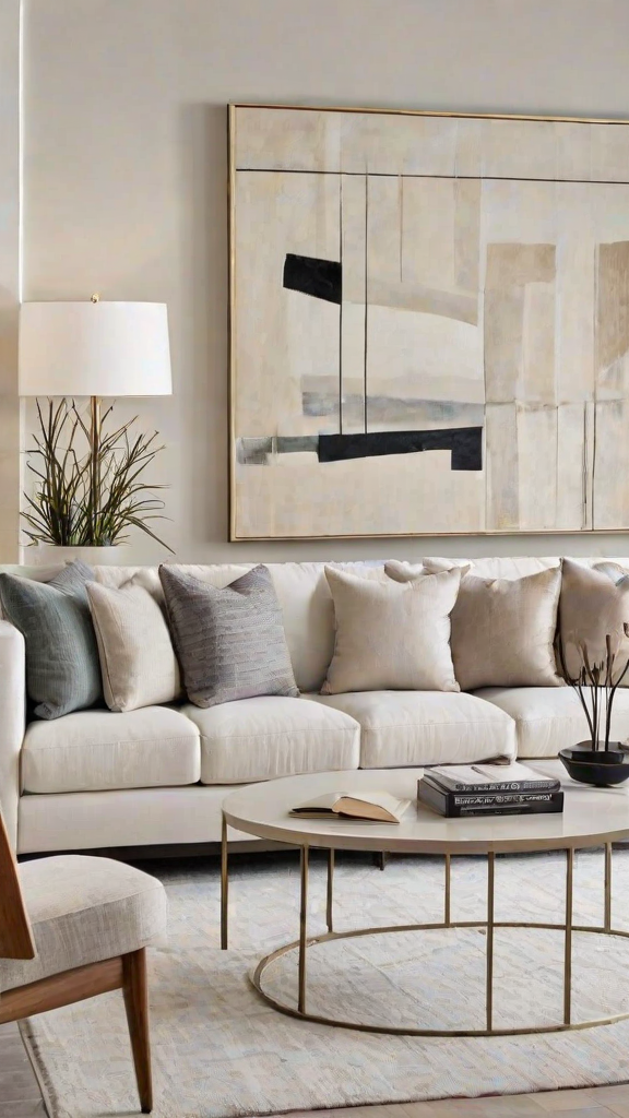 A white couch with pillows and a painting above it, in a contemporary living room